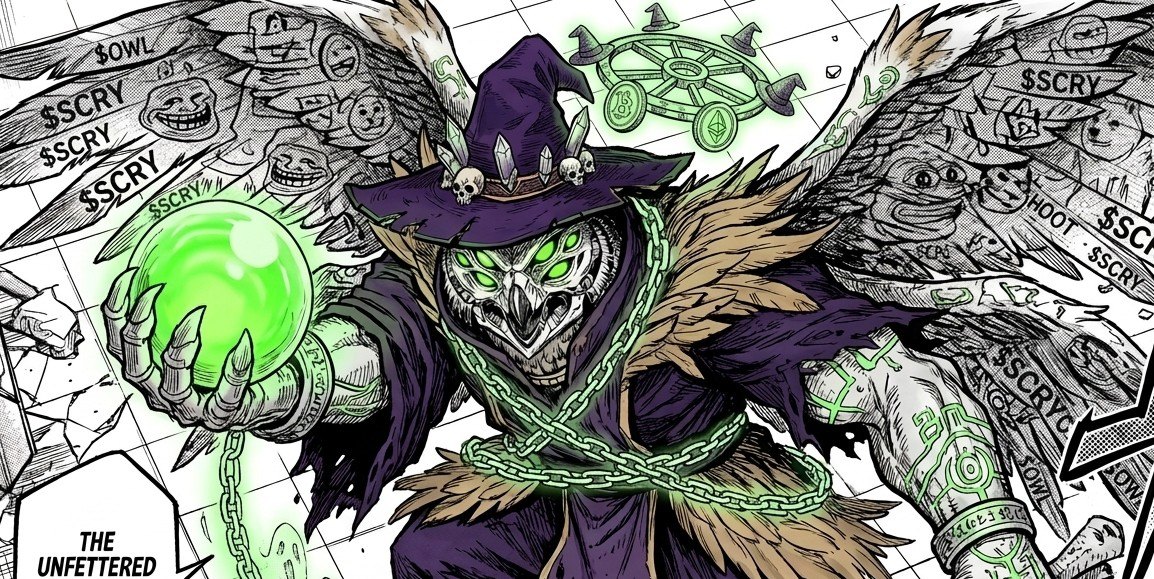 scry — a green-hooded, wizard-hatted figure wreathed in code, cradling a green orb: the owl that scries your agents